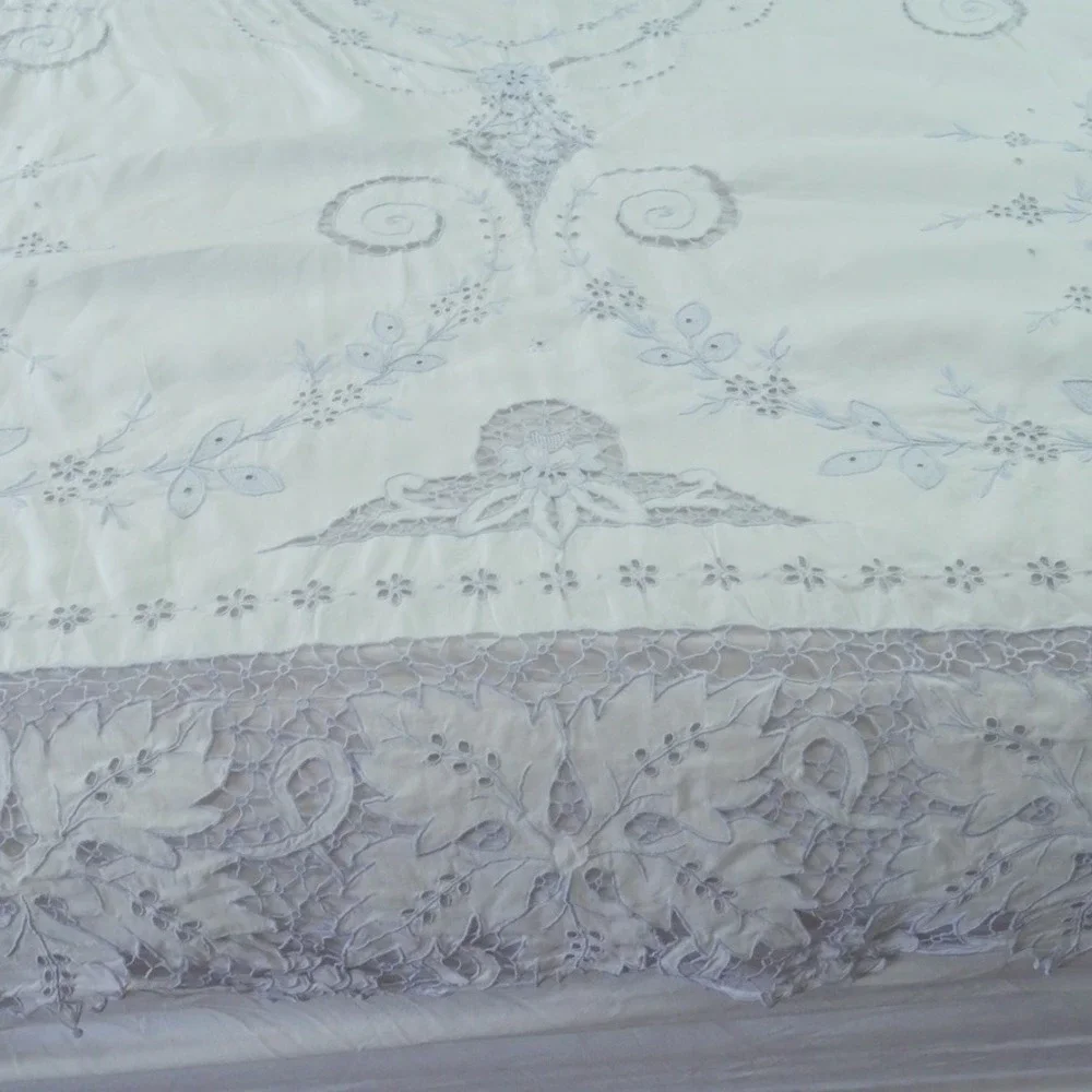 Vintage White Lace Cutwork Tablecloth Floral Madiera Embroidery Bleu White 79x64